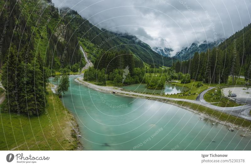 Panoramic aerial view of mountain wild river in Stubai Valley, Austria stubai valley austria summer alps tourism stubaital sky scenic scenery park water outdoor
