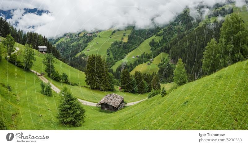 Beautiful idyllic nature green meadow landscape of Alps mountains range on summer day. Austria aerial photo forest river natural season frozen austria water