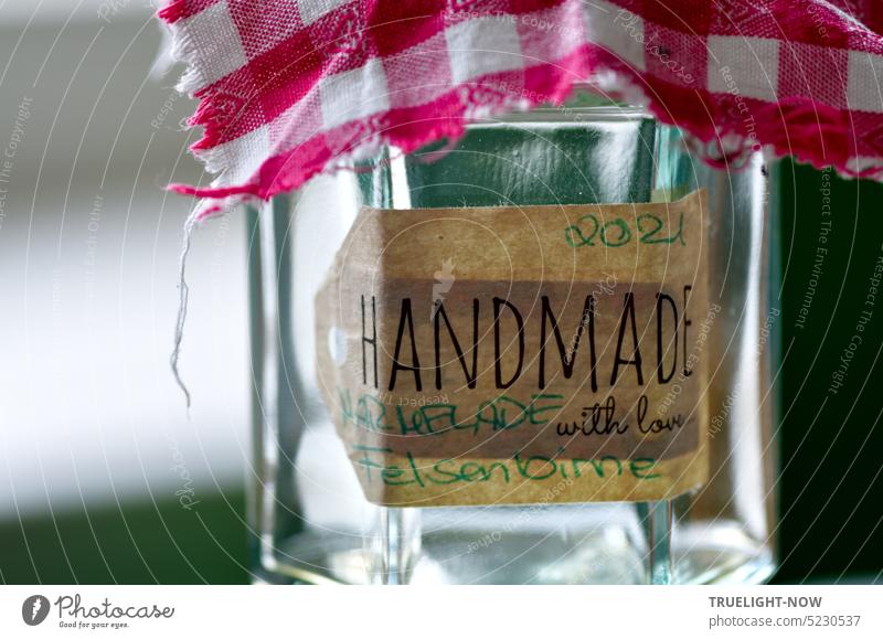 Empty jar with label for handmade jam decorated with red and white check fabric Jam jar Self-made Label handwritten 2021 rock pear potted Eaten Kitchen