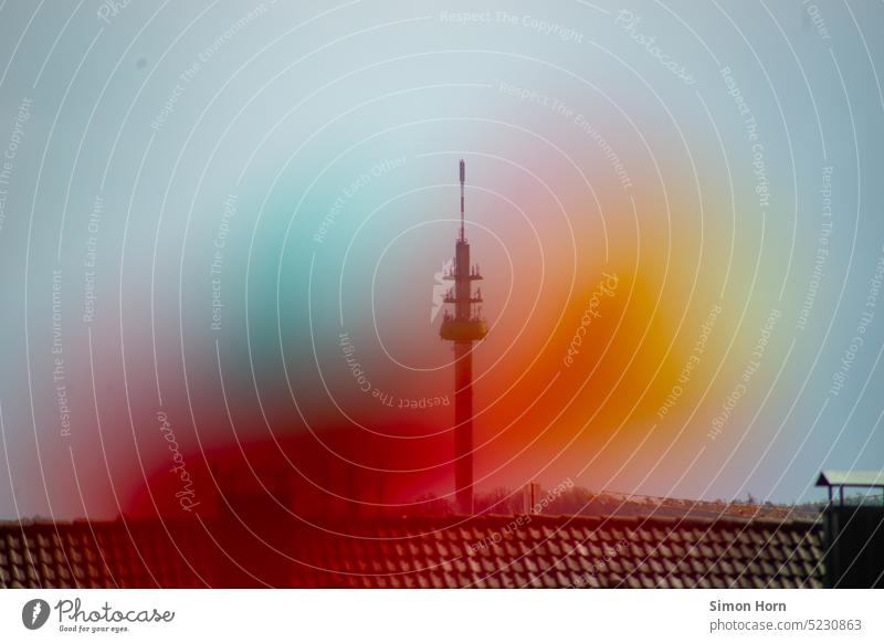 Transmission tower with color blur transfer Broadcasting tower blurriness splotch of paint roofs Television tower variegated Sky Tower Antenna