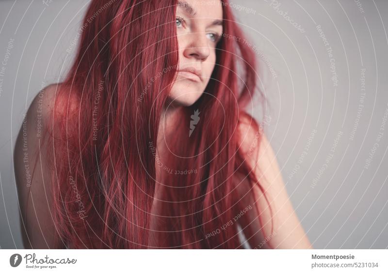 redhead woman looks into the distance Looking Far-off places Red-haired red-haired woman Long-haired Feminine Human being portrait Young woman pretty Woman