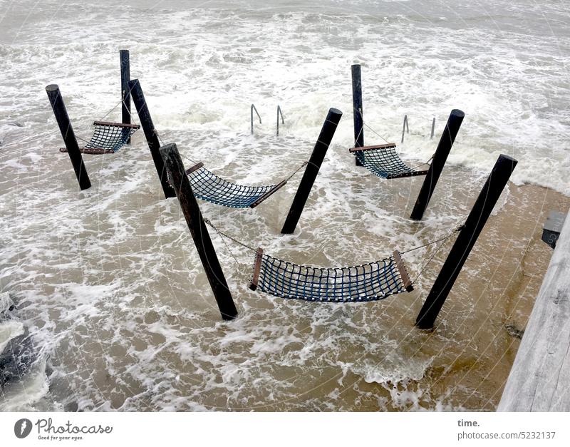 Stormflute Water Gale Baltic Sea storm tide Hammock White crest Concrete Wood service Tourism travel Relaxation fresh from the summer Bathing access Waves