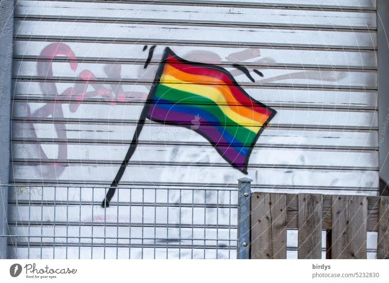 Rainbow flag on a rolling gate. Graffiti rainbow flag Homosexual equality Symbols and metaphors variety Equality LGBTQ queer Tolerant Love Sexuality symbol