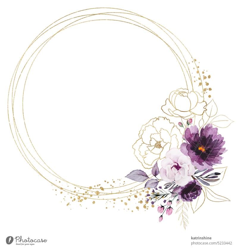 Round golden frame with Watercolor Purple and golden peonies flowers illustration Botanical Decoration Drawing Element Garden Hand drawn Isolated Ornament Paint