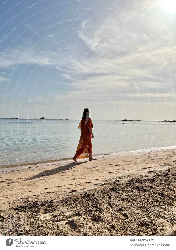 woman on the beach Woman Beach Water Picturesque Landscape Outdoors idyllically Summer Sea coast Playful Nature travel To enjoy Cute bank Shadow Walking stroll