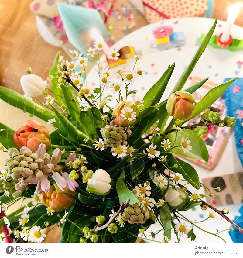 "Happy Birthday!" Feasts & Celebrations Party Decoration Happiness Child Childrens birthsday candles gifts Bouquet flowers Hyacinthus tulips Spring