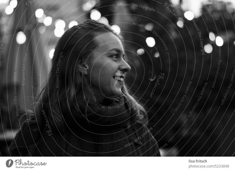 BLACK AND WHITE - YOUNG WOMAN - LOOK AWAY AND SMILE Black & white photo Young woman Looking away Smiling fortunate young and free Adults Woman Exterior shot