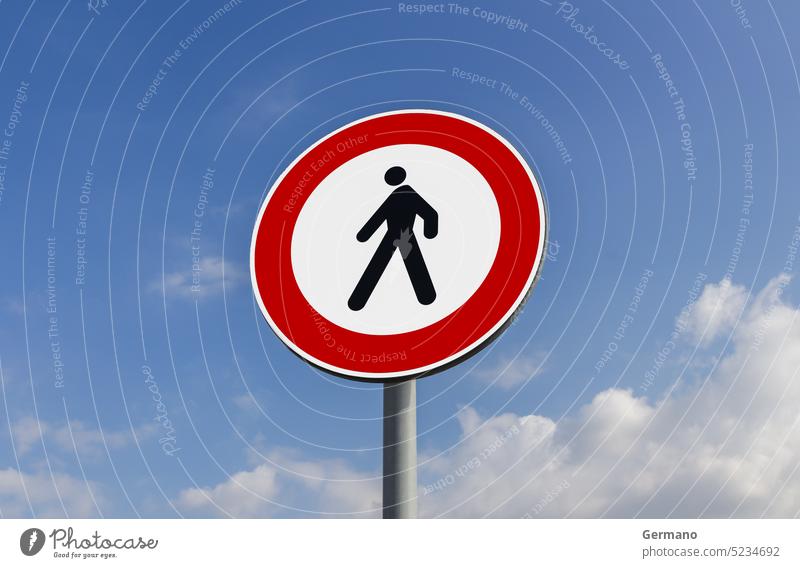 No pedestrian crossing sign allowed background blue caution circle circular clouds cloudy danger forbidden graphic icon information isolated label man no object