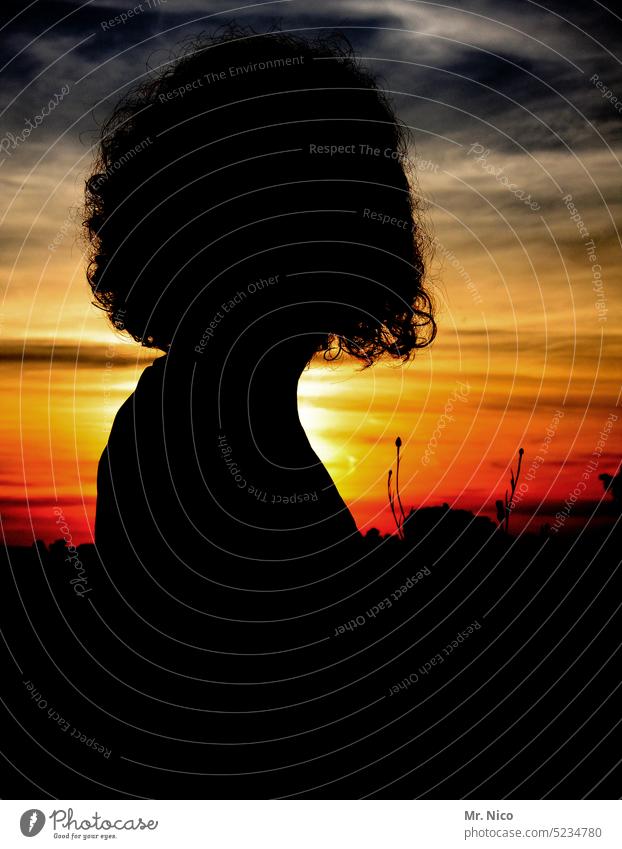 Silhouette of a woman at sunset Shadow Sunset Sky Back-light Illuminate Upper body Curl Summer Warmth portrait Hair and hairstyles Contrast Profile warm
