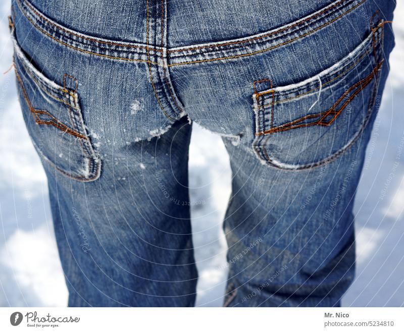 freezing cold as an ass Jeans Pants Clothing Denim Fashion jeans Blue Legs behind Stitching Bottom Back pocket Figure Rear view Denim blue Crunchy Hind quarters