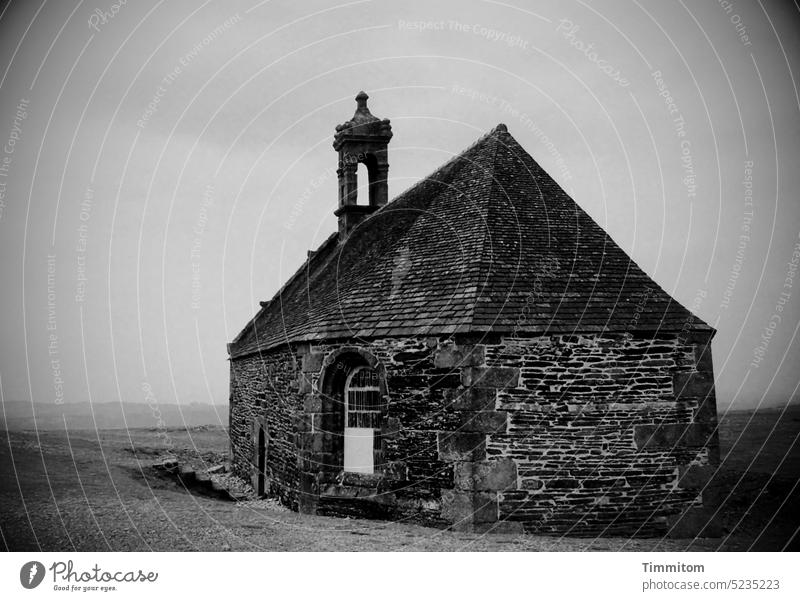Stone refuge Church Chapel Firm Heavy Old Roof Tower stocky Architecture Deserted Building Sky Religion and faith Tourist Attraction Black & white photo Stairs