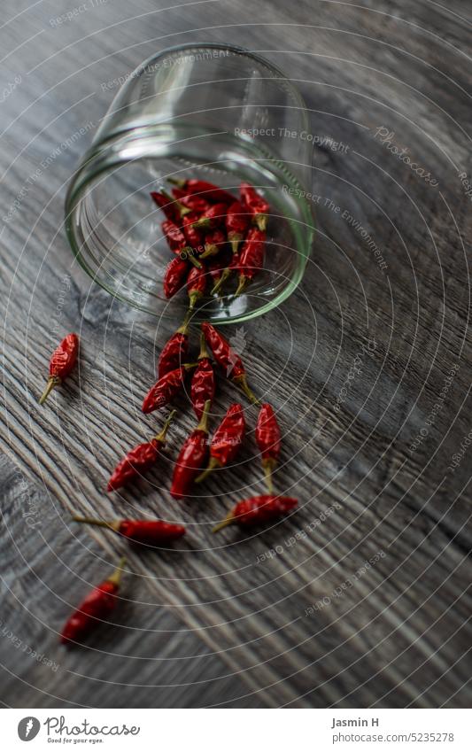 Dried chili Chili peppers Food Organic Raw Red Colour photo Ingredients naturally Glass Empty Deserted Spicy Tangy Herbs and spices Husk Interior shot worktop