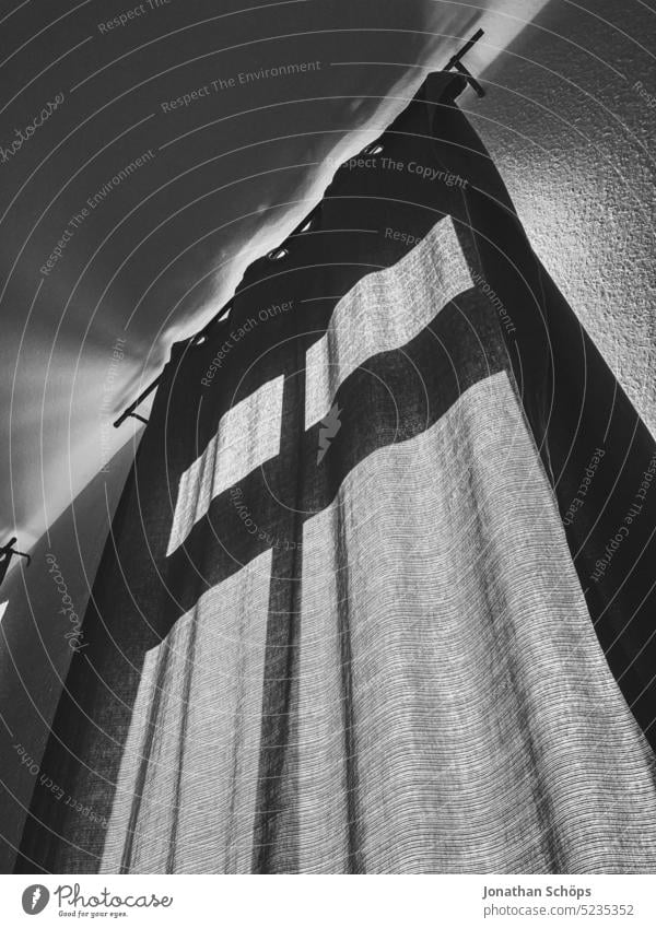 Window cross as shadow on curtain Window transom and mullion Drape Room Curtain Shadow Black & white photo black-and-white Crucifix Christianity Light