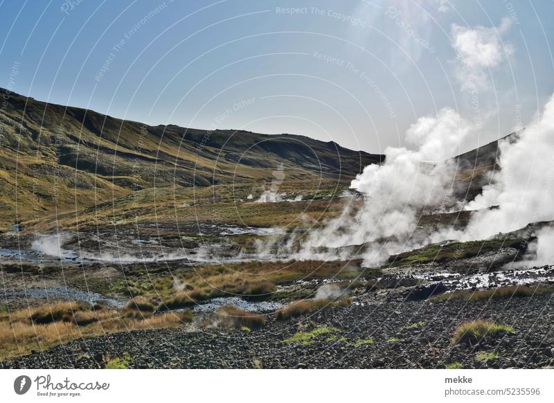 Steaming earth geothermal energy Iceland Landscape Volcanic Nature Geology naturally Formation Mountain Territory highlands Picturesque Environment Smoke Clouds