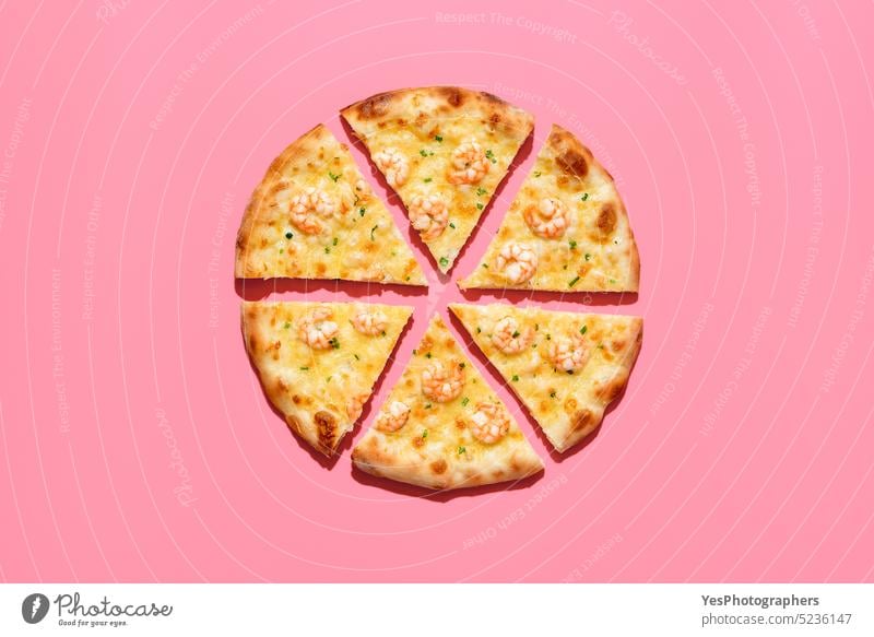 Slice pizza with shrimp, above view on a pink background baked bright cheese color copy space crust cuisine delicious design diet dinner dish eating fast food