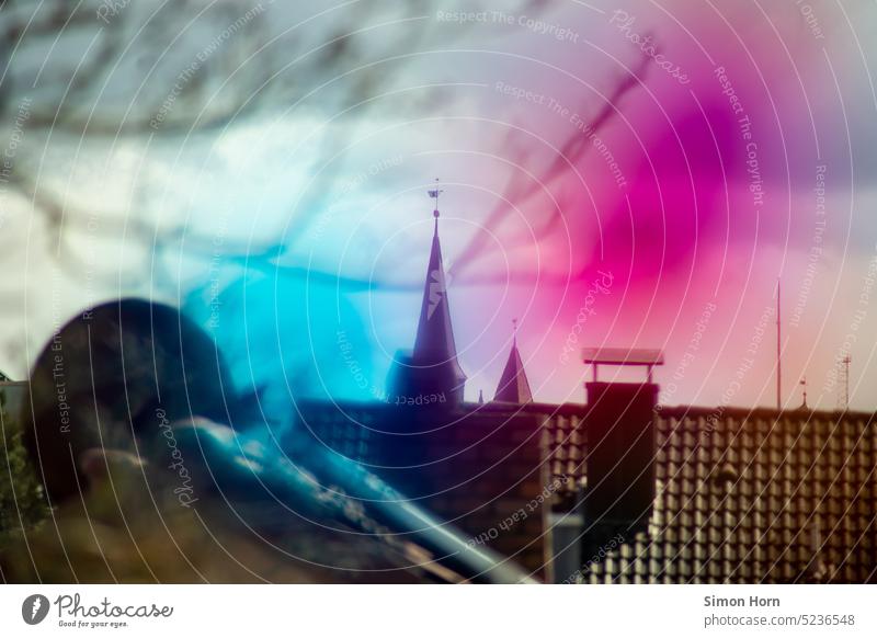 Church with color blur blurriness Point splotch of paint Blue roofs pink variegated Sky Tower Antenna Telecommunications grid extension Technology Broacaster
