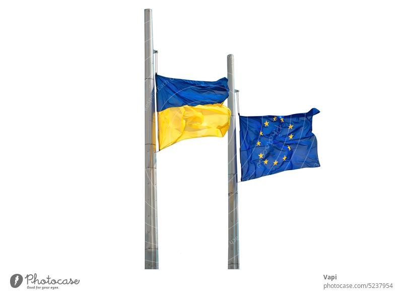 Flags of Ukraine and Europe ukraine flag europe flags isolated white pole european union sky blue wind country national background symbol waving yellow banner