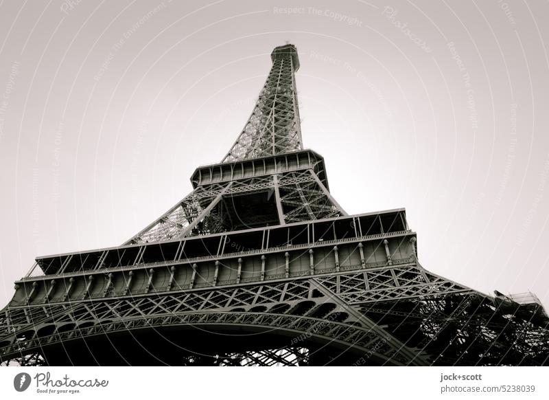 the Eiffel Tower seen from below eiffel tower Landmark Paris Historic Monochrome France Tourist Attraction Worm's-eye view Construction Manmade structures