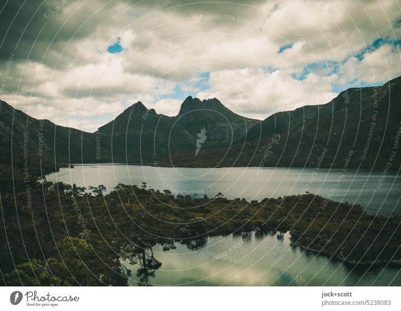 Panorama from Cradle Mountain with Dove Lake Landscape Nature Clouds Back-light Silhouette Shadow Panorama (View) Authentic Neutral Background Mountain range