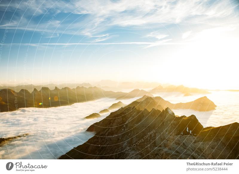 View from Säntis to Toggenburg at sunset and sea of fog Rock Switzerland appenzellerland Stone Hiking touristic Exterior shot Tourism Mountain Colour photo