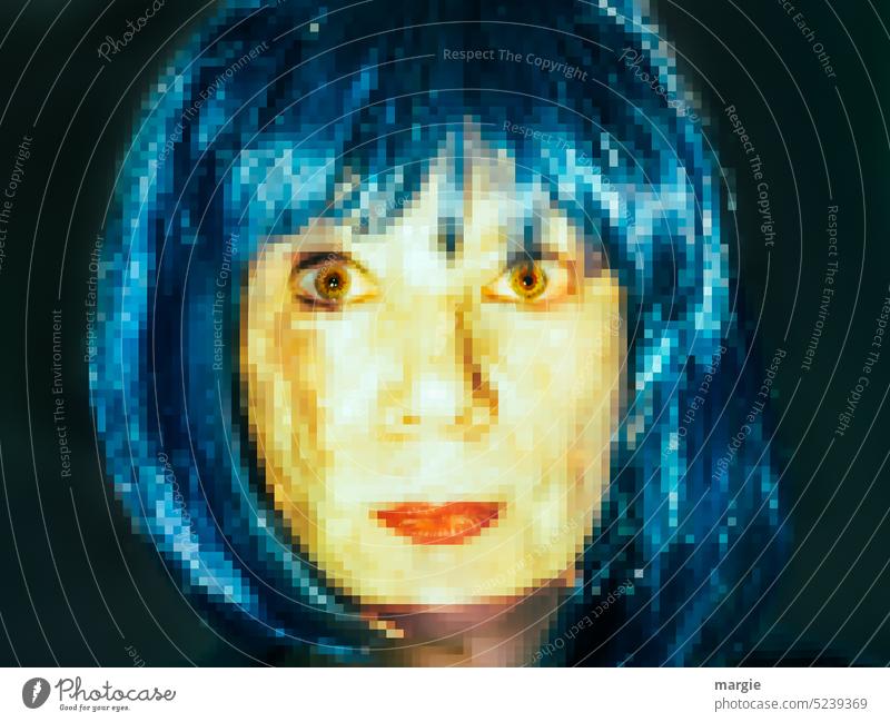 Smiley: Woman with blue hair pixelated Face Looking Human being portrait Eyes Mouth Feminine Looking into the camera Adults Hair and hairstyles Face of a woman