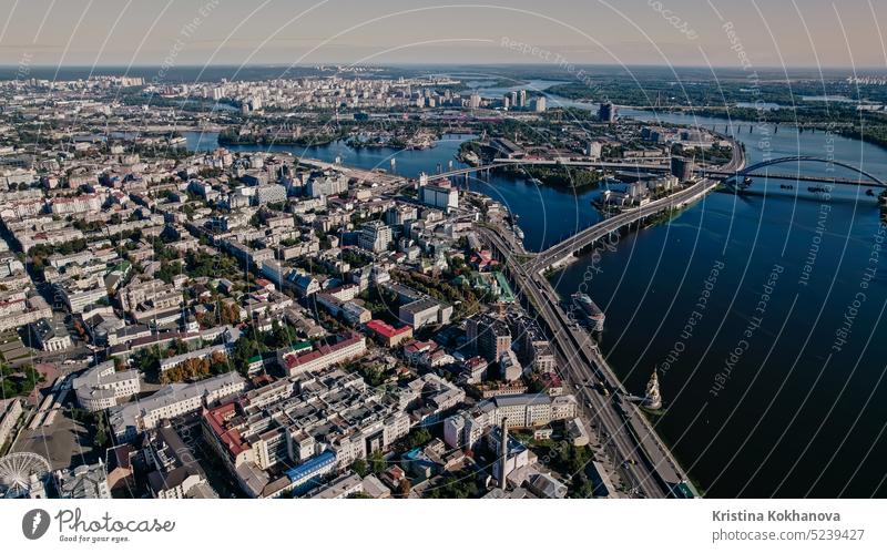 Kyiv, Ukraine - September, 2022: aerial drone view to Dnieper river near Podil. aerial shot aerial view architecture background best blue bridge capital city