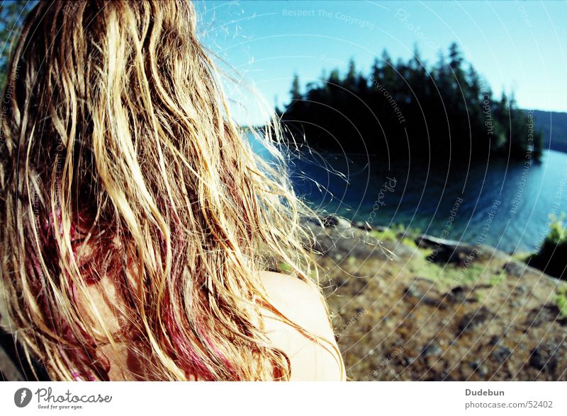 Ruby Lake Colour photo Exterior shot Copy Space right Day Sunlight Shallow depth of field Wide angle Looking away Summer Island Young woman Youth (Young adults)