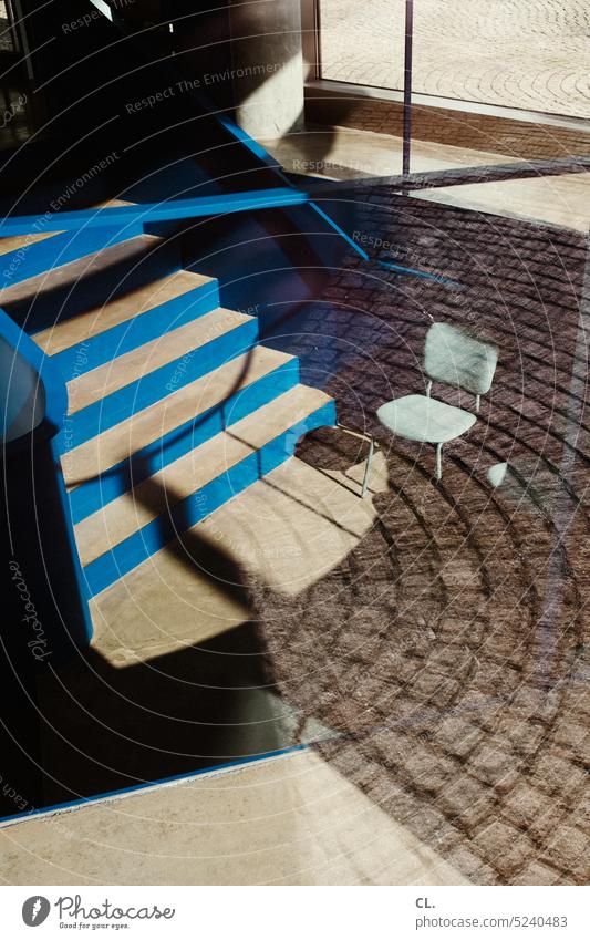 Basement chair Chair Stairs reflection basement stagger stair treads Structures and shapes Architecture Abstract complexity Window Blue