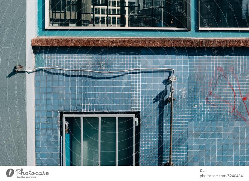 cable on outer wall Cable power cable Wall (building) tiles Blue Grating Tile Structures and shapes Window Pattern Abstract