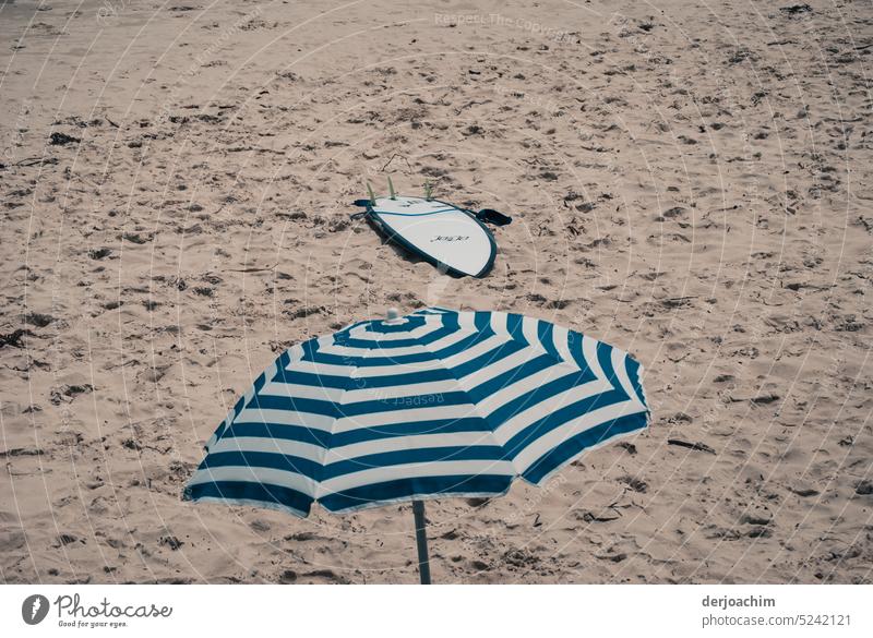 The summer can come. Parasol and surfboard are already here. Parasol beach Beach Summer Beautiful weather Sunshade Exterior shot Day Colour photo