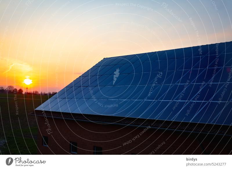 Photovoltaic system on a roof, in the background the setting sun photovoltaics photovoltaic system Roof sunset Twilight Sunset Renewable energy