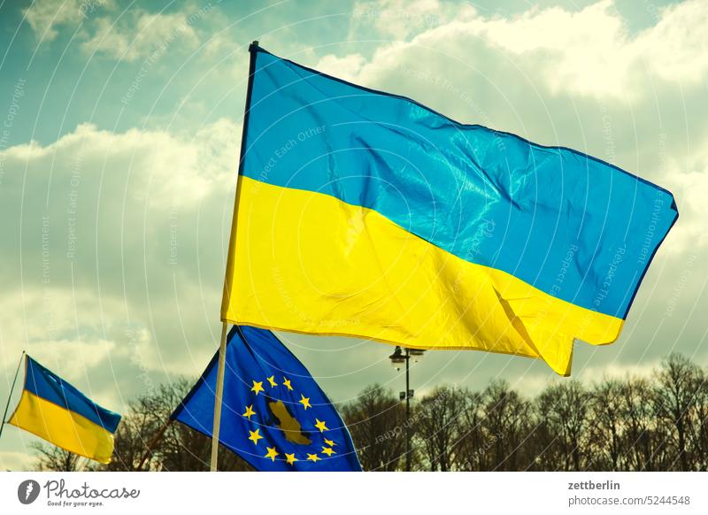 Ukrainian flag Flag emblem nation Nationality Identity ukrainia Europe European flag Demo Demonstration Wind Blow Sky cloud Spring Sun Ukraine protest War