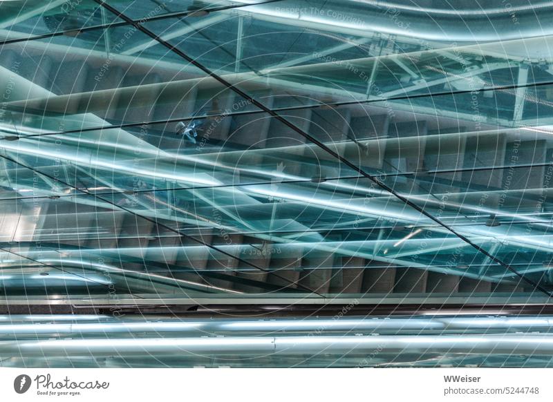 Steps, glass, cool colors and many diagonals are found in this place Diagonal Dynamic chill Turquoise Blue bluish Glass structures lines Abstract Airport