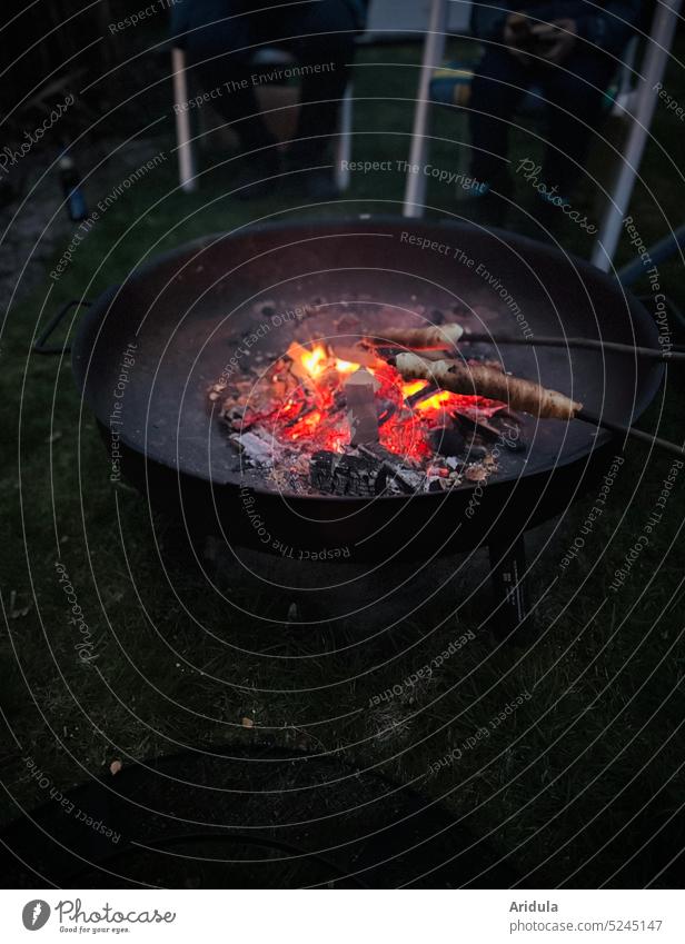 Fire bowl with embers and stick bread fire bowl Hot Embers Wood Fireplace ardor Warmth Red Incandescent Black Orange Flame Firewood Night Evening stumblebum