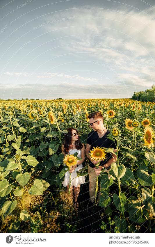Beautiful couple having fun in sunflowers field. A man and a woman in love walk in a field with sunflowers, a man hugs a woman. selective focus beautiful summer