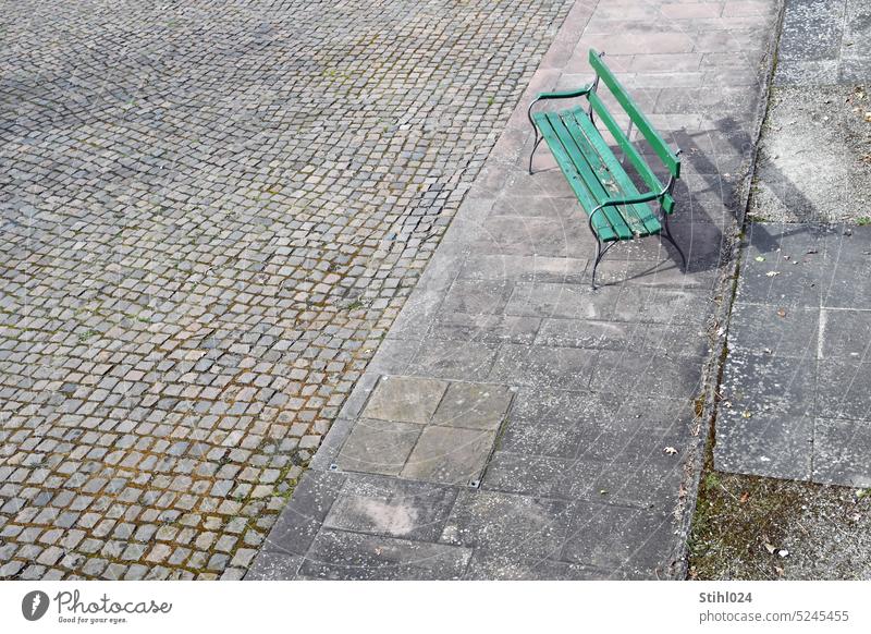 Park bench with shade on open space - my # 200 ! Green Bench Paving stone surface Free space slabs stones Armrest Shadow sunshine Relaxation Calm Seating