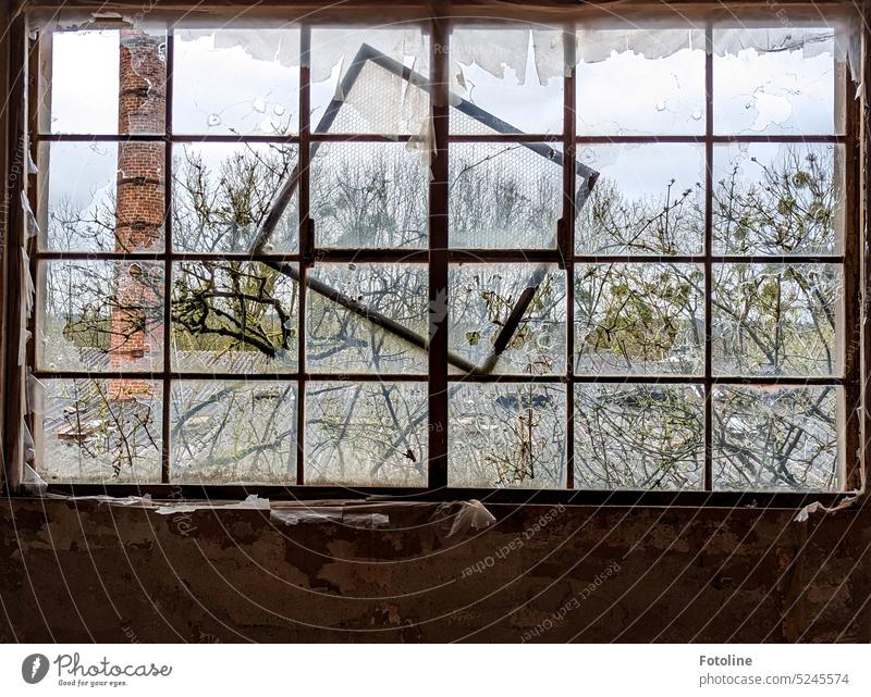 A little out of frame. Loosely hangs a window frame in front of another window with broken glass. lost places Old Decline Transience Broken Derelict Change