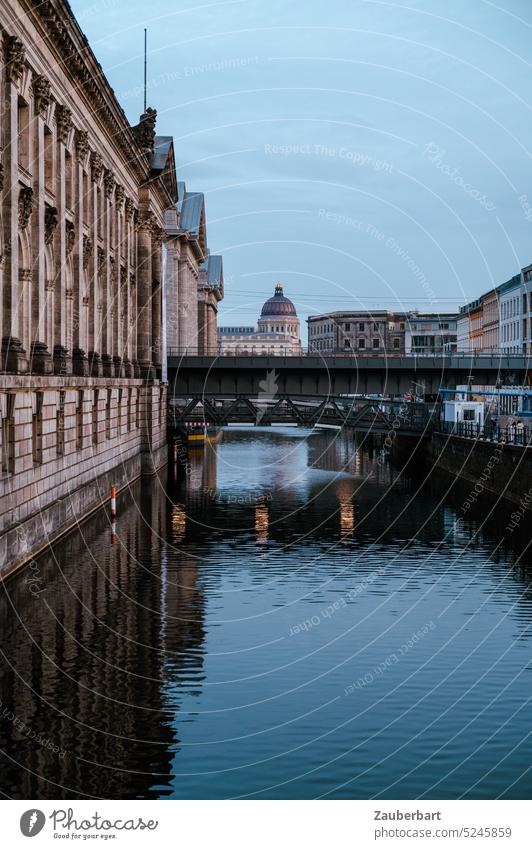 Spree canal, Bode museum, neo-baroque facade and perspective on dome of city palace, evening atmosphere in blue Channel Spree Canal Museum island Blue deep blue