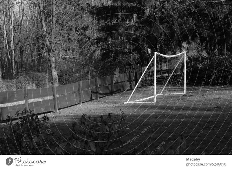 Soccer goal on green lawn in a garden in spring sunshine on the edge of the forest in Oerlinghausen near Bielefeld on the Hermannsweg in the Teutoburg Forest in East Westphalia-Lippe in neo-realistic black and white
