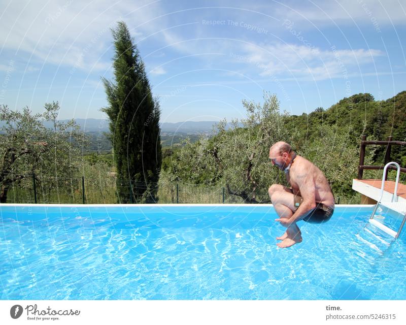Landscape with bather Man pool ass bomb Summer mountains Horizon Italy Cypress fun cooling Water basin Ladder vacation voyage holidays To enjoy Blue clear