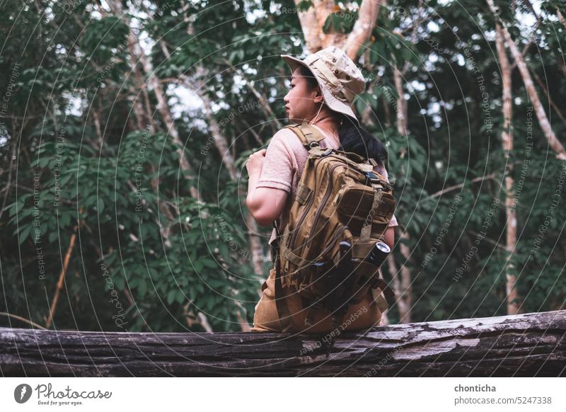 Back view of woman with backpack hiking sitting on a tree trunk in deep forest activity adult adventure backpacker beautiful behind black climb female foliage