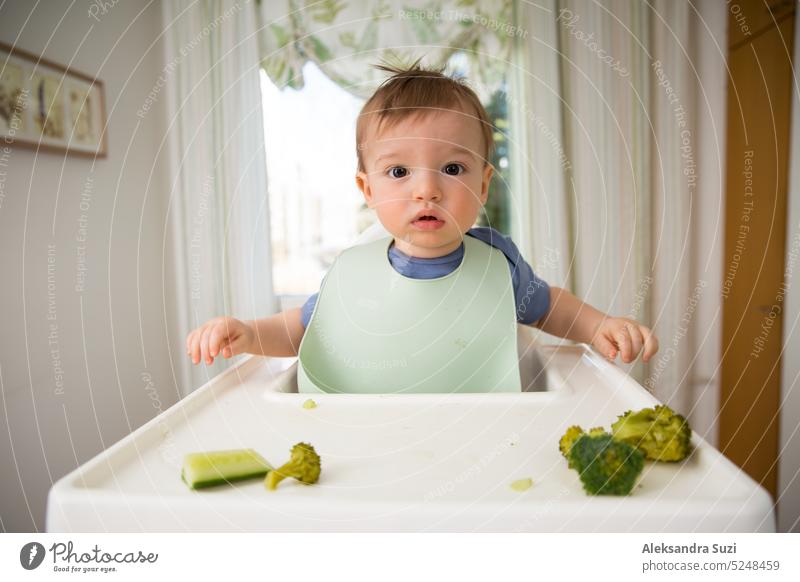Cute baby eating first solid food, infant sitting in high chair. Child tasting vegetables at the table, discovering new food. Cozy kitchen interior. Healthy food concept.