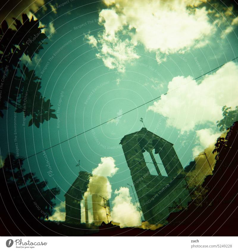 Tuscany Church Analog Slide Tower Double exposure Lomography Scan Old town Holga Sky Bell tower Italy