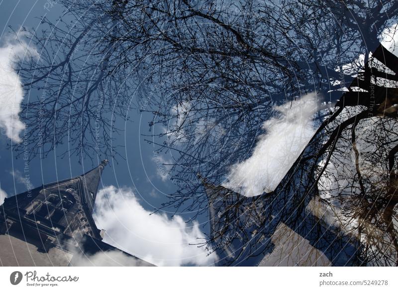 Frog perspective | Chaos Double exposure Sky House (Residential Structure) Worm's-eye view Building Tree Clouds Tower branches Branches and twigs