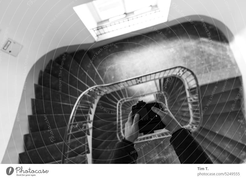 someone takes a picture of a staircase camera Staircase (Hallway) b/w Berlin Take a photo Black & white photo Town Day Deserted Capital city Downtown bnw