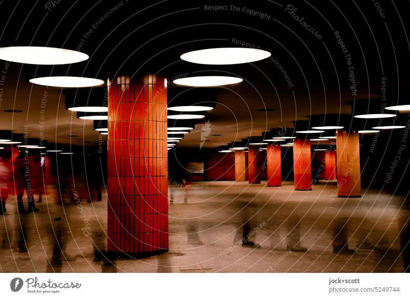 many steps underground Underpass Orange Architecture Retro Column Structures and shapes motion blur Lighting Shadow Berlin Underground Lanes & trails Subsoil