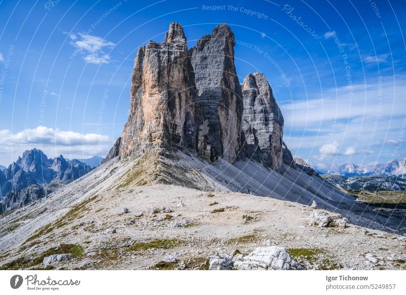 Tre Cime di Laveredo, three spectacular mountain peaks in Sesto Dolomites, South Tyrol, Italy cime tre lavaredo italy tyrol park dolomites hiking climbing