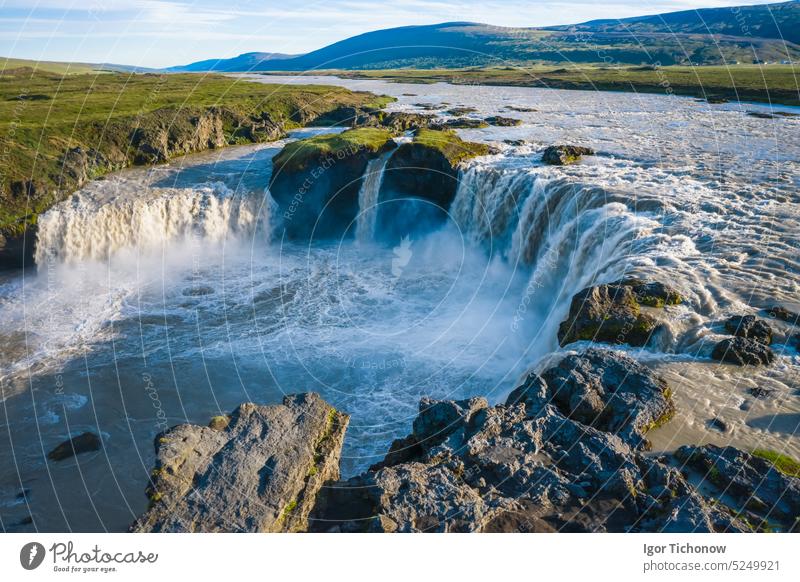 The aerial view of the beautiful waterfall of Godafoss after rainy days, Iceland in the summer season godafoss iceland blue nature river landscape icelandic