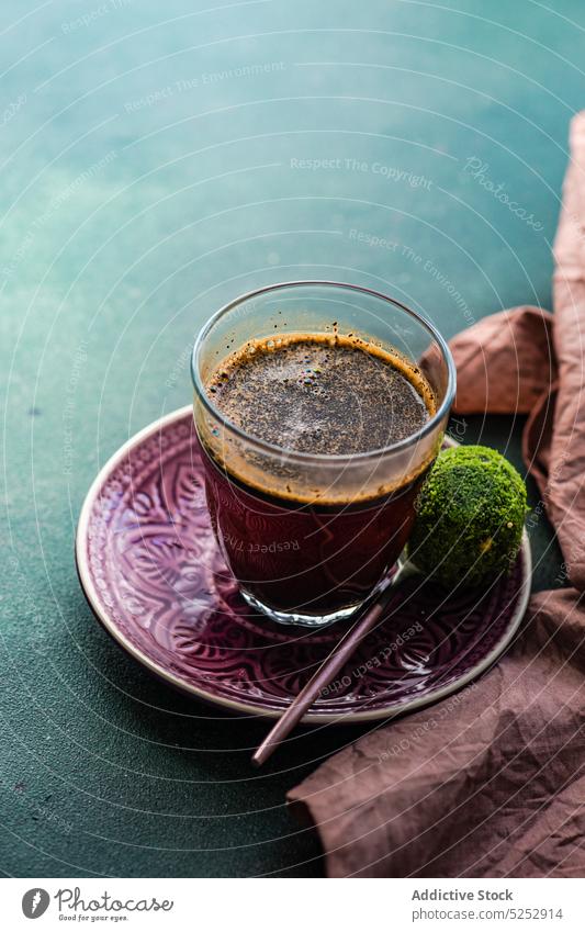 Glass of turkish coffee and pakhlava sweets ball bowl chocolate cup delicate delicious dessert food glass meal sesame table black aromatic saucer oriental hot