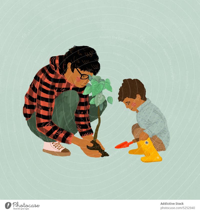 Vector design of man with son planting tree in nature child countryside father vector illustration care planet flat style young kid casual shovel soil fertile